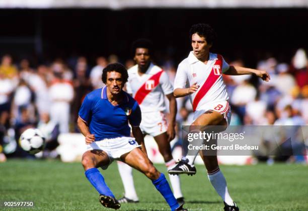 Claudio Gentile of Italy and Cesar Cueto of Peru during the World Cup match between Italy and Peru at Balaidos Stadium, Vigo, Spain on 18h June 1982