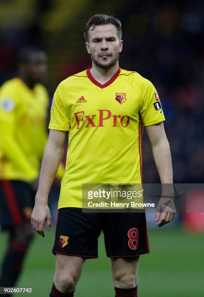 Tom Cleverley of Watford during the Premier League match between Watford and Leicester City at Vicarage Road on December 26, 2017 in Watford, England.