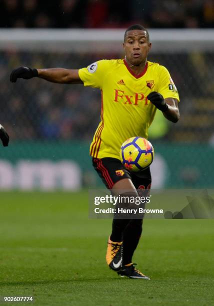 Marvin Zeegelaar of Watford during the Premier League match between Watford and Leicester City at Vicarage Road on December 26, 2017 in Watford,...
