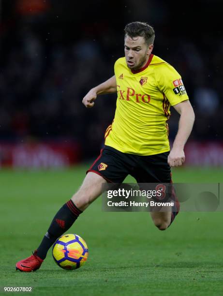 Tom Cleverley of Watford during the Premier League match between Watford and Leicester City at Vicarage Road on December 26, 2017 in Watford, England.