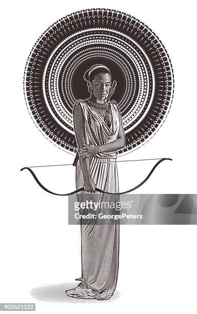 african american goddess with bow and arrow, wearing classical grecian dress. - goddess stock illustrations