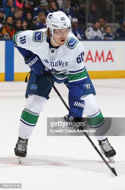 Markus Granlund of the Vancouver Canucks waits for a puck drop against the Toronto Maple Leafs during an NHL game at the Air Canada Centre on January...