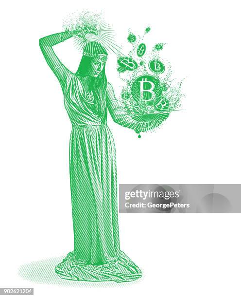woman magician creating bitcoins and cryptocurrency - predicting the future data stock illustrations