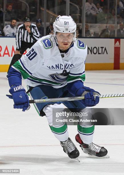 Markus Granlund of the Vancouver Canucks skates against the Toronto Maple Leafs during an NHL game at the Air Canada Centre on January 6, 2018 in...