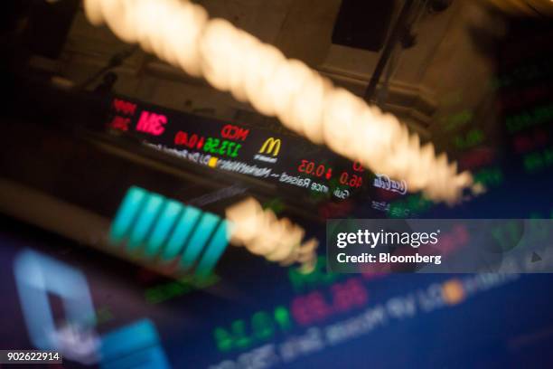 Monitor displaying stock market information is reflected on the floor of the New York Stock Exchange in New York, U.S., on Monday, Jan. 8, 2018. U.S....