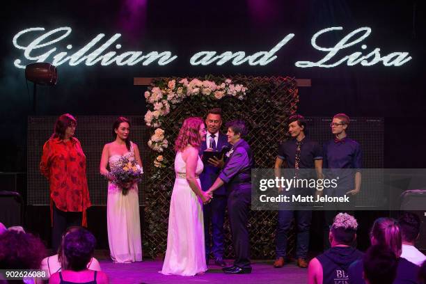 Gillian Brady and Lisa Goldsmith hold one of the first same-sex marriage ceremonies in Western Australia at The Court on January 9, 2018 in Perth,...