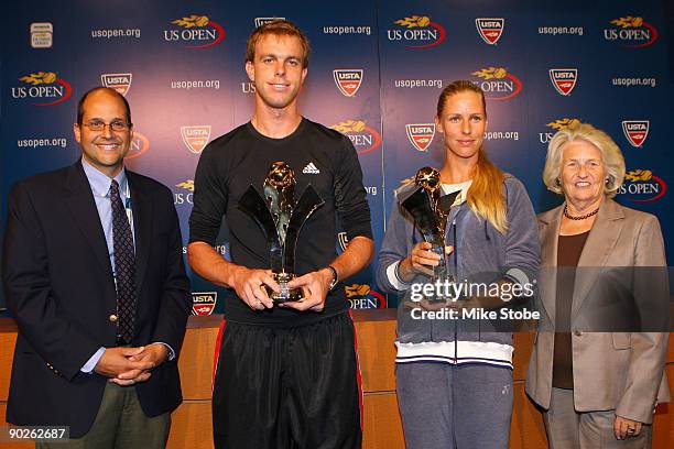 Olympus Vice President of Operations John DeMaio, men's U.S. Open Series winner Sam Querrey, women's U.S. Open Series winner Elena Dementieva and...