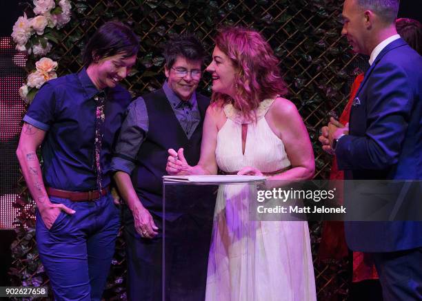 Gillian Brady and Lisa Goldsmith sign their marriage certificate at The Court on January 9, 2018 in Perth, Australia. Couples across Australia wed in...