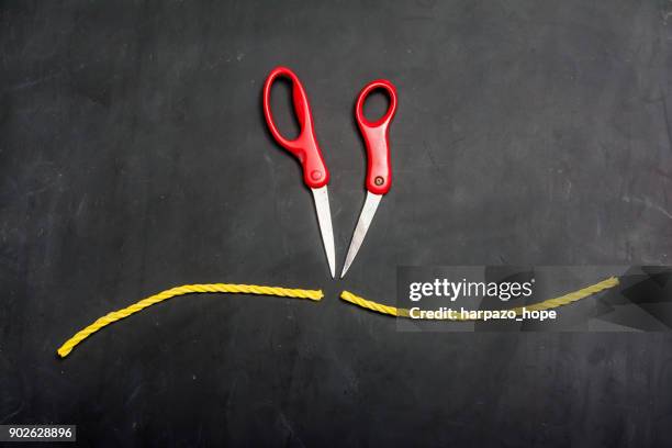 broken scissors and a missing knot. - knoten lösen stock-fotos und bilder