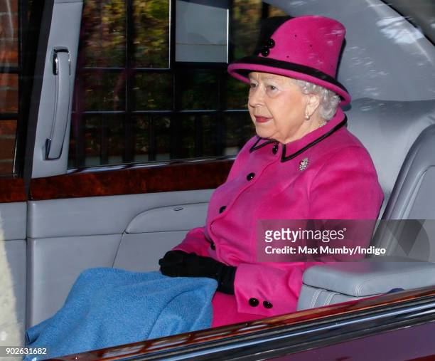 Queen Elizabeth II departs after attending Sunday service at St Mary Magdalene Church, Sandringham on January 7, 2018 in King's Lynn, England.