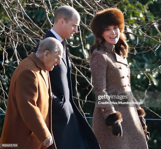 Prince Philip, Duke of Edinburgh, Prince William, Duke of Cambridge and Catherine, Duchess of Cambridge attend Sunday service at St Mary Magdalene...