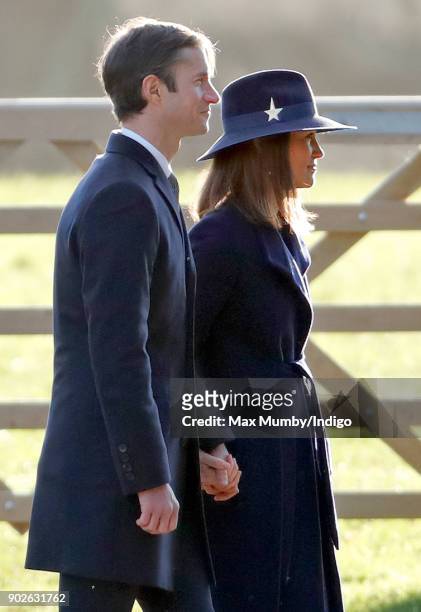 James Matthews and Pippa Middleton attend Sunday service at St Mary Magdalene Church, Sandringham on January 7, 2018 in King's Lynn, England.