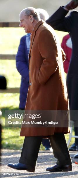 Prince Philip, Duke of Edinburgh attends Sunday service at St Mary Magdalene Church, Sandringham on January 7, 2018 in King's Lynn, England.