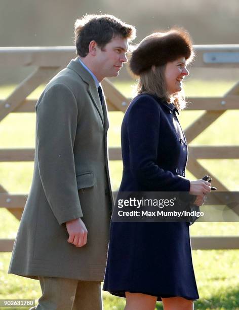 James Meade and Lady Laura Meade attend Sunday service at St Mary Magdalene Church, Sandringham on January 7, 2018 in King's Lynn, England.