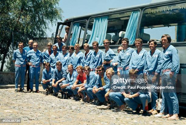 The England squad posing for local photographers alongside their team bus after a training session in Guadalajara during their preparations for the...