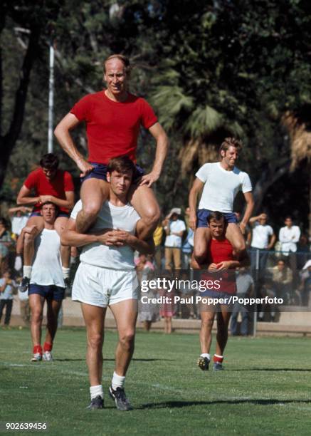 The England football team, the reigning World Champions, preparing for their first match at the 1970 FIFA World Cup with a training session at the...