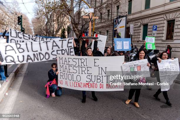 Primary School teachers protest outside the Ministry of Education during a strike on January 8, 2018 in Rome, Italy. The teachers are protesting...