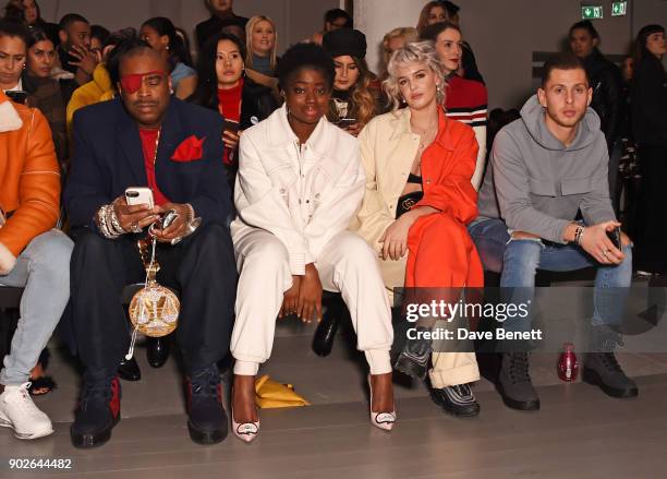 Slick Rick, Clara Amfo, Anne-Marie and Charlie Colkett attend the Bobby Abley show during London Fashion Week Men's January 2018 at BFC Show Space on...