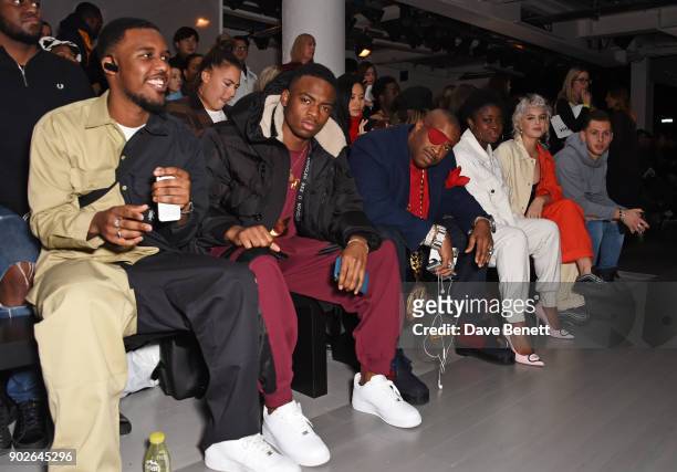 Novelist, Not3s, Slick Rick, Clara Amfo, Anne-Marie and Charlie Colkett attend the Bobby Abley show during London Fashion Week Men's January 2018 at...