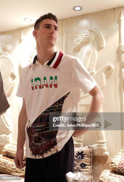 Model showcases a design at the Paria Farzaneh presentation during London Fashion Week Men's January 2018 at on January 8, 2018 in London, England.