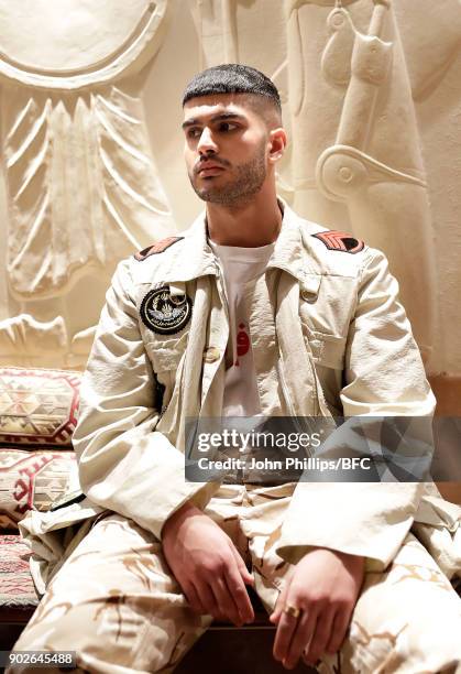 Model showcases a design at the Paria Farzaneh presentation during London Fashion Week Men's January 2018 at on January 8, 2018 in London, England.