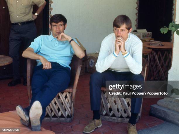 Leeds United and England footballers Norman Hunter and Allan Clarke relaxing at the Hilton Hotel in Guadalajara during the 1970 FIFA World Cup in...