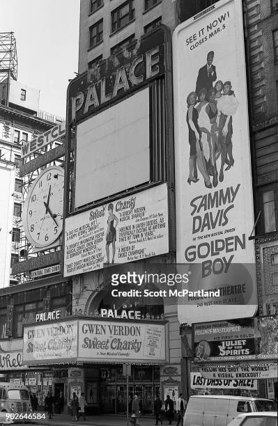 Exterior shot of the Palace Theater on Broadway in Times Square, New York featuring the musical Sweet Charity starring Gwen Verdon. There is also a...