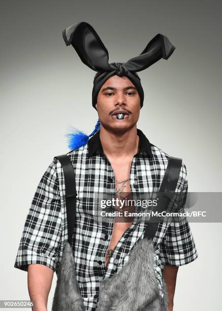 Model walks the runway at the Bobby Abley show during London Fashion Week Men's January 2018 at BFC Show Space on January 8, 2018 in London, England.