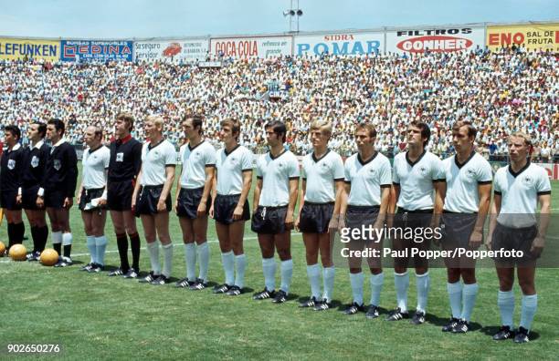 The West German football team line up before their FIFA World Cup quarter final match between West Germany and England in Leon, Mexico, 14th June...