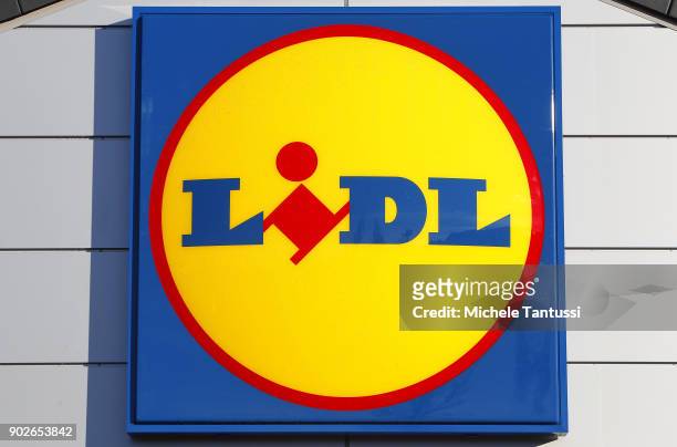 Discount supermarket logo stands on January 8, 2018 in Berlin, Germany. According to government statisticians, nominal revenue grew compared to the...