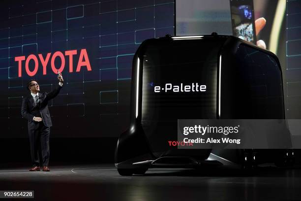 Toyota Motor Corp. President Akio Toyoda takes a selfie after he introduced the e-Palette Concept Vehicle, a fully autonomous, battery-electric...