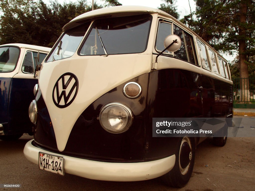 Angle view of a brown and white Volkswagen split  T1 15...