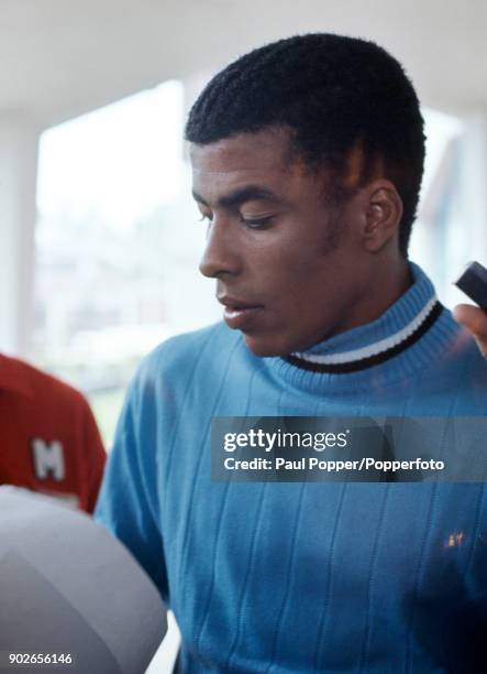 Jairzinho of Brazil signing autographs at the team hotel the day before the FIFA World Cup Final between Brazil and Italy in Mexico City, 20th June...