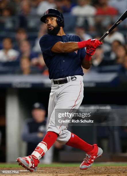 Chris Young of the Boston Red Sox in action against the New York Yankees in a game at Yankee Stadium on August 31, 2017 in the Bronx borough of New...