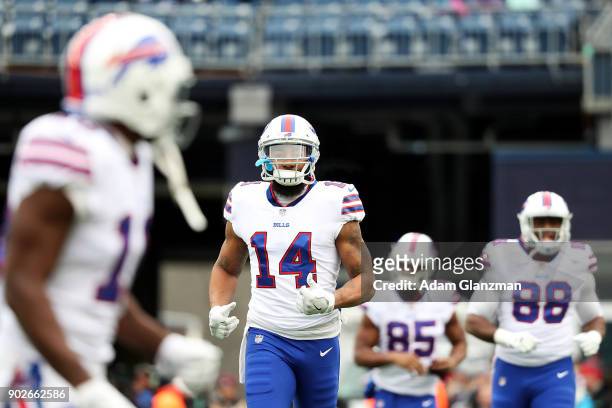 Joe Webb of the Buffalo Bills warms up before a game against the New England Patriots at Gillette Stadium on December 24, 2017 in Foxboro,...