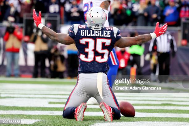 Mike Gillislee of the New England Patriots reacts after scoring a touchdown during the third quarter of a game against the Buffalo Bills at Gillette...