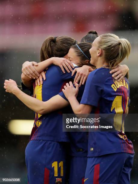 Elise Bussaglia of FC Barcelona Women celebrates 1-0 with Alexia Putellas Segura of FC Barcelona Women, Toni Duggan of FC Barcelona Women during the...