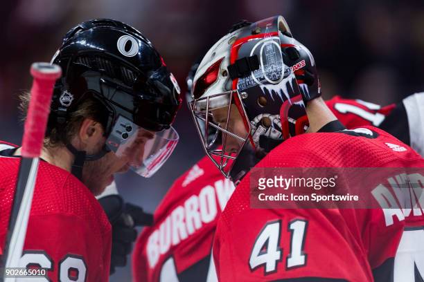 Ottawa Senators Left Wing Mike Hoffman congratulates Ottawa Senators Goalie Craig Anderson on his victory after third period National Hockey League...
