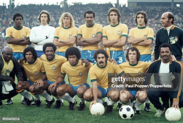 The Brazilian team pose for photographers prior to the FIFA World Cup match between Brazil and East Germany at the Niedersachsenstadion, Hannover,...