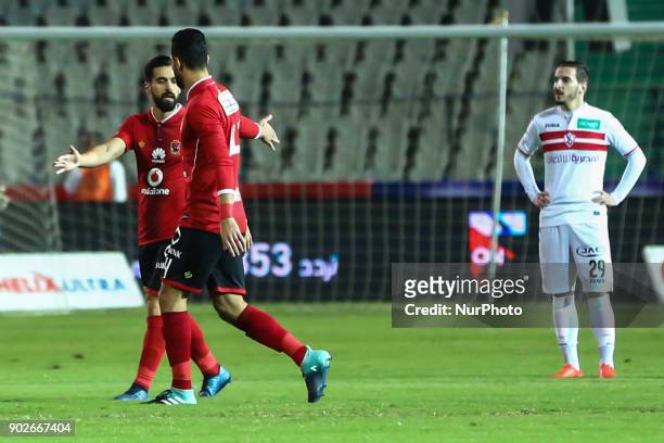 Ahly players celebrate their second goal during the Egypt Premier League Fixtures 17 match between Al Ahly and Zamalek at the Cairo Stadium in Egypt...