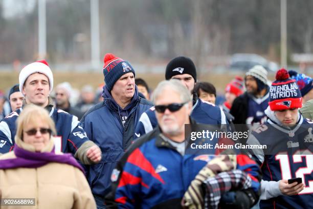 Fans enter the stadium before a game between the New England Patriots and the Buffalo Bills at Gillette Stadium on December 24, 2017 in Foxboro,...