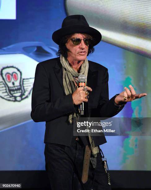 Aerosmith guitarist Joe Perry speaks during a Monster Inc. Press event for CES 2018 at the Mandalay Bay Convention Center on January 8, 2018 in Las...