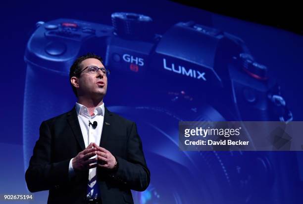Panasonic Consumer Electronics Company President Michael Moskowitz introduces the new Lumix GH5S mirrorless camera during a press event for CES 2018...