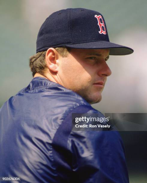 Roger Clemens of the Boston Red Sox looks on during an MLB game against the Oakland Athletics at the Oakland-Alameda County Coliseum during the 1988...