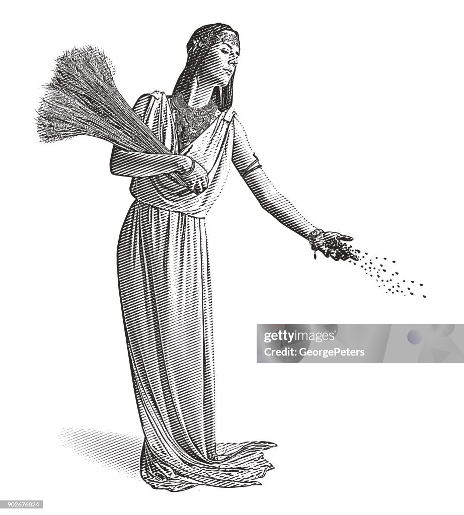 Demeter, goddess of the harvest and fertility sowing seeds.