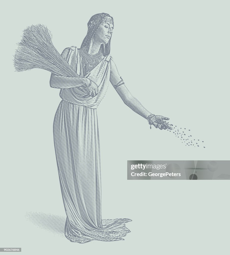 Demeter, goddess of the harvest and fertility sowing seeds.