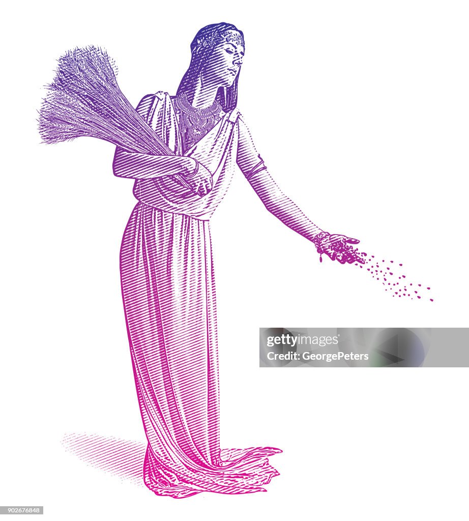 Demeter, goddess of the harvest and fertility sowing seeds.