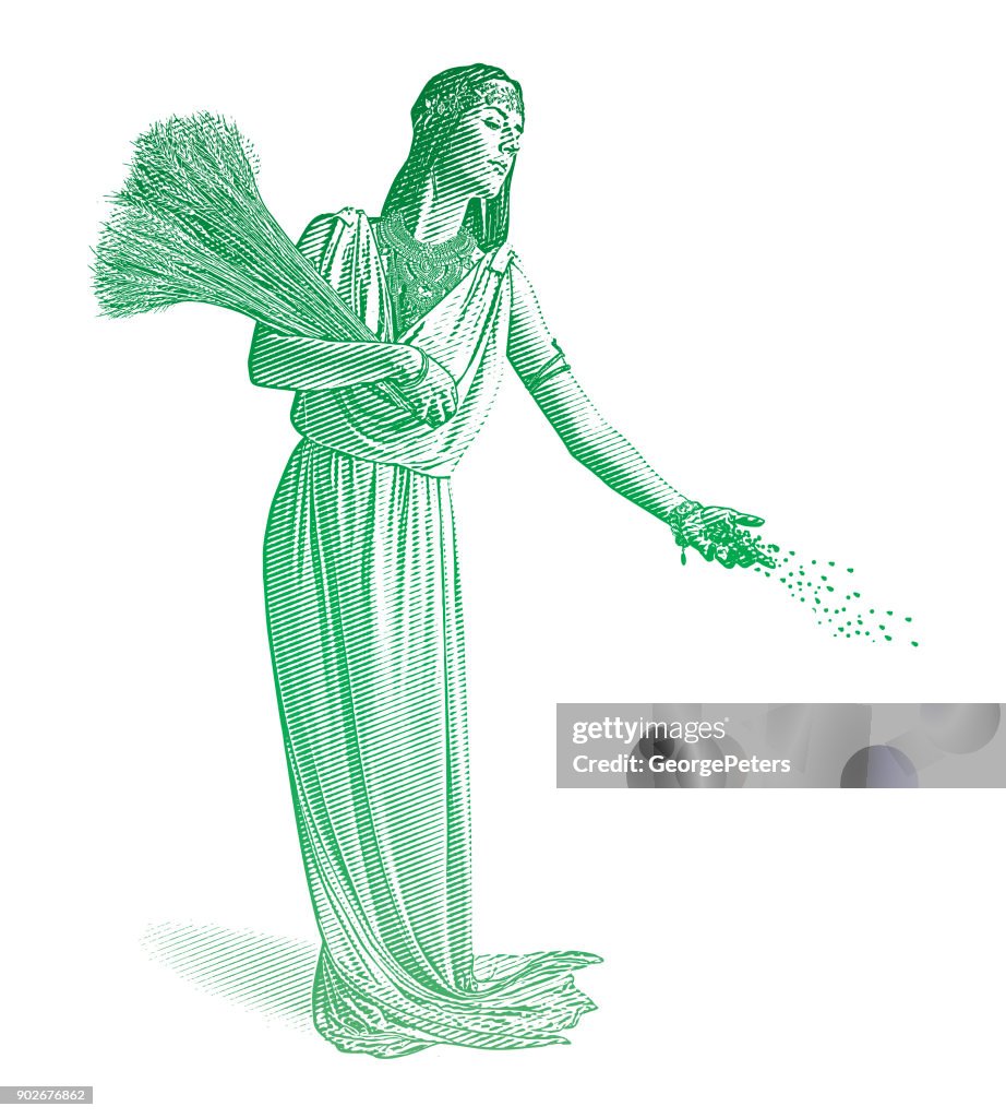 Demeter, goddess of the harvest and fertility sowing seeds.