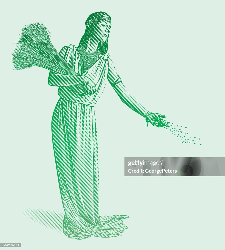 Demeter, goddess of the harvest and fertility sowing seeds.