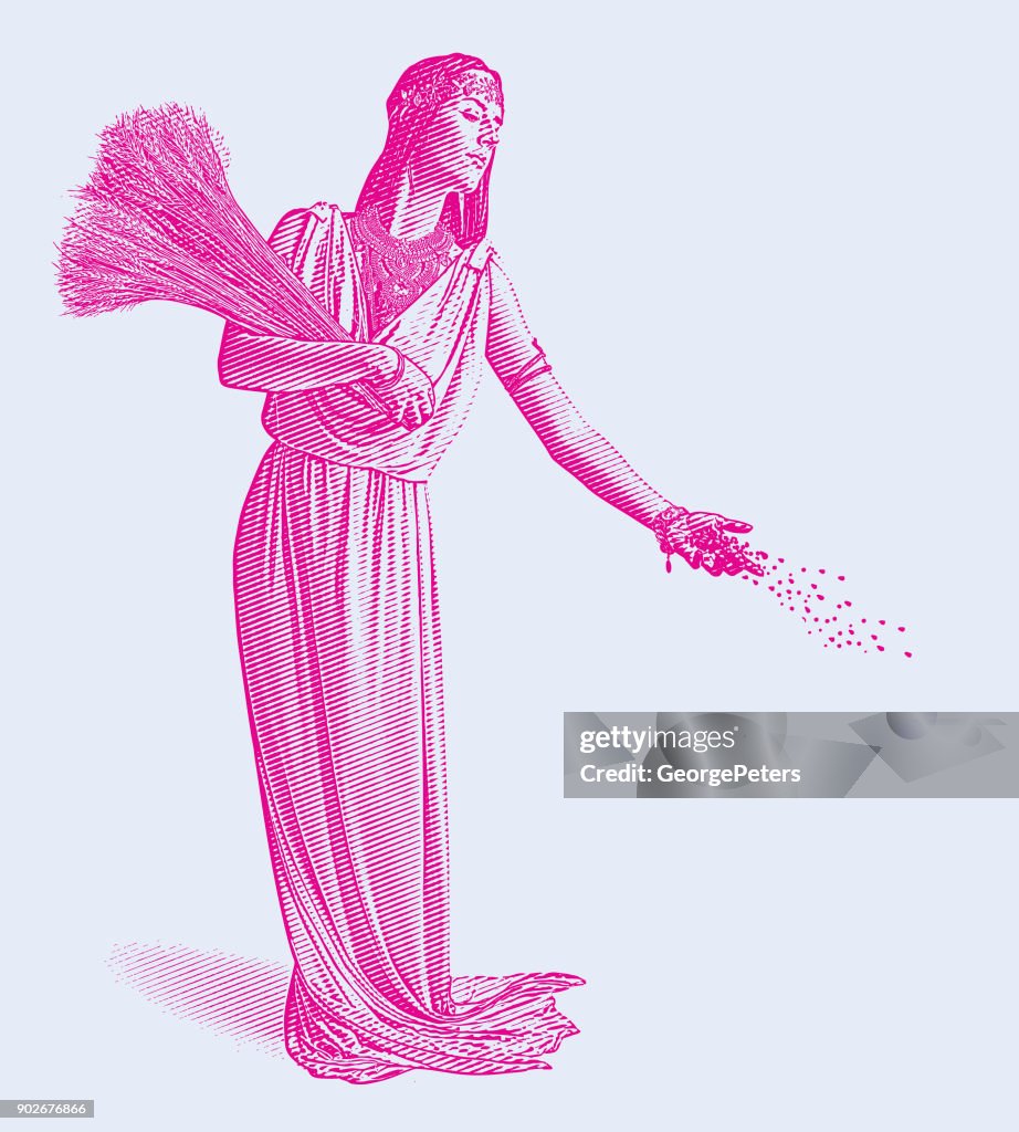 Demeter, goddess of the harvest and fertility sowing seeds.